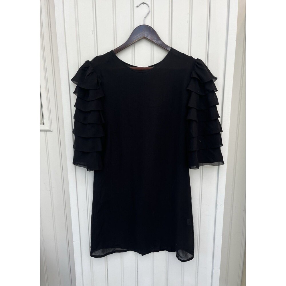 Jenni Kayne M Silk Little Black Dress LBD Ruffle Sleeve Sheer Mini Party Boho